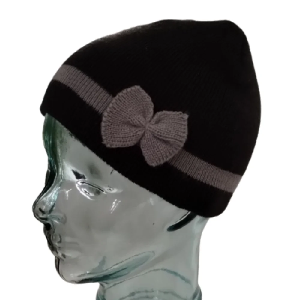 Girls Black & Gray Knit Stripe Beanie Hat with Bow Accent, One Size